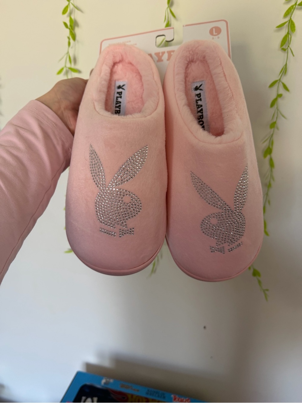 PLAYBOY Pink Plush Slip-Ons with Rhinestone Bunny Emblem